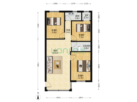 永发小区 3室1厅2卫 80平方