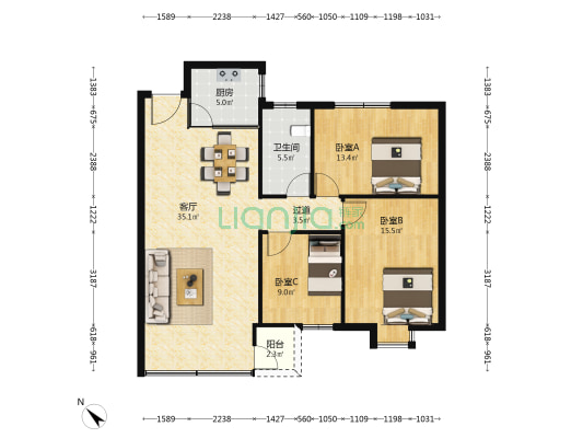 富华花园 3室1厅1卫 88平方