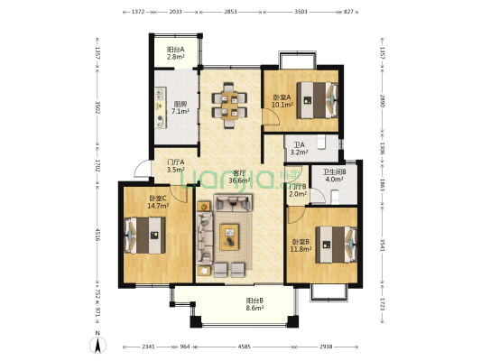 锦园小区 3室1厅2卫 128平方