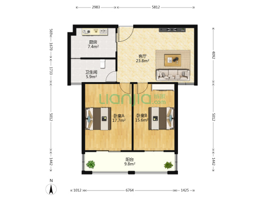 三里墩花苑 2室1厅1卫 98平方