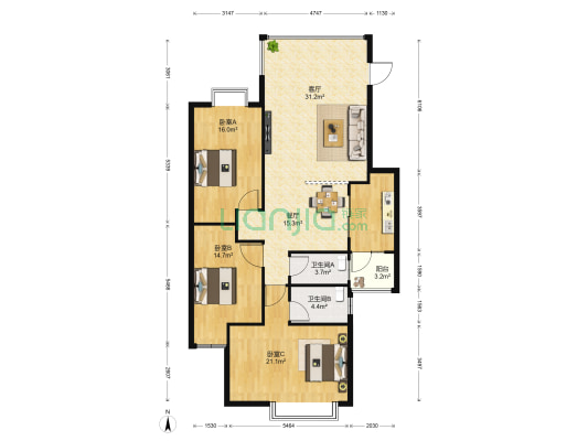 星海名城一期 3室2厅2卫 131平方