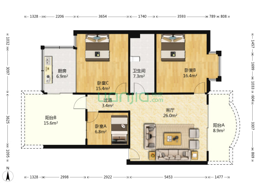 新城东3号区麒麟阁 3室1厅1卫 197平方