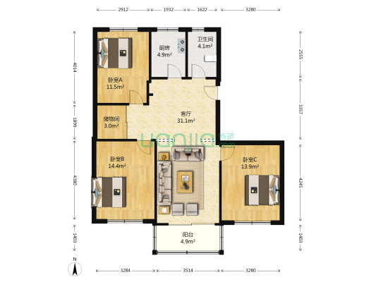 莲花新村东区 3室1厅1卫 99平方