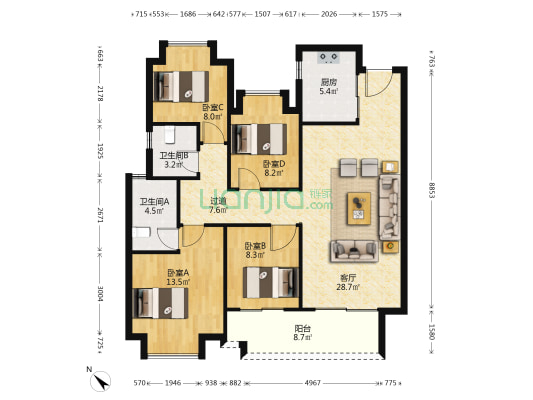 长江悦 4室1厅2卫 136平方