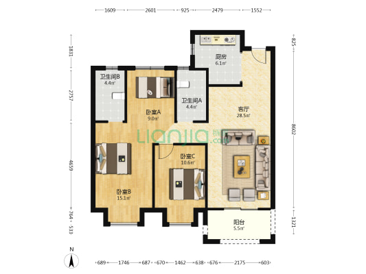武地电建君樾府 3室1厅2卫 113平方