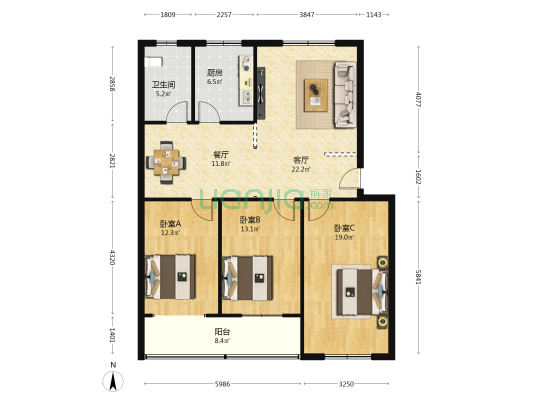 晨光小区 3室2厅1卫 120平方