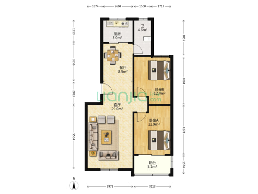 东方新苑 2室2厅1卫 97平方