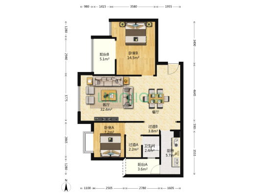 昆铁盛和家苑 2室1厅1卫 88平方
