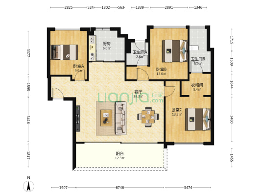 招商时代公园天樾境A区 3室1厅2卫 132平方