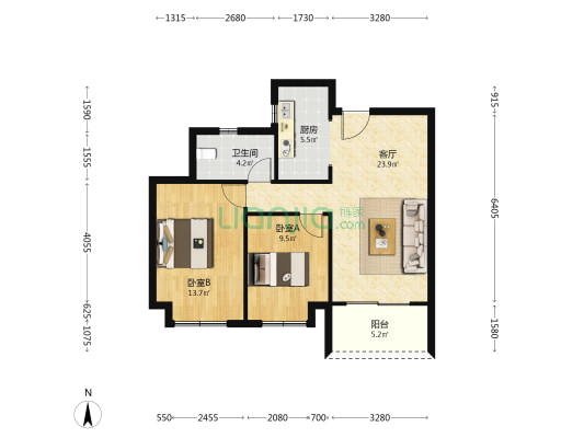 大名城·映雨江南 2室1厅1卫 83平方