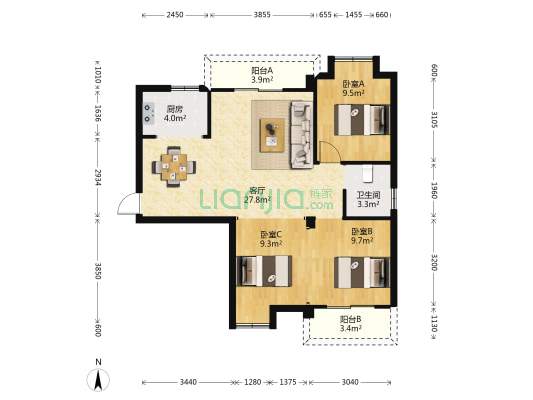 九坤新城壹号御府 3室1厅1卫 93平方