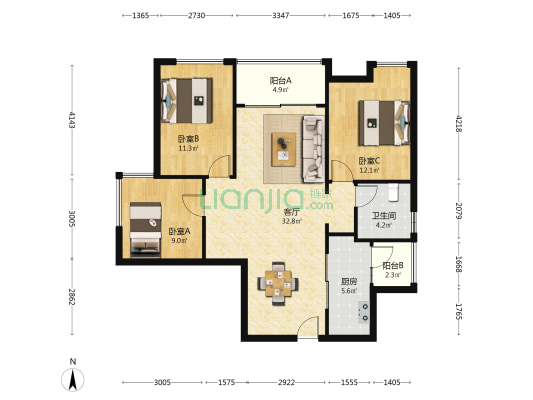 家和逸品苑 3室1厅1卫 85平方