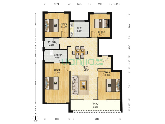 春宸上府 4室1厅2卫 126平方
