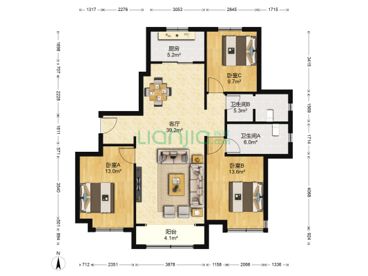 海保园 3室1厅2卫 135平方