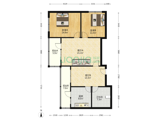 新华社家属楼 2室2厅1卫 97平方