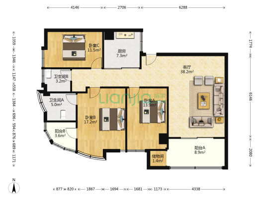 槐古豪庭南区 3室1厅2卫 134平方