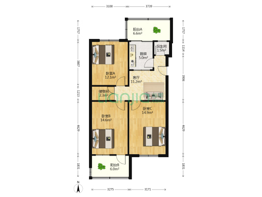 山东省医科院宿舍 3室1厅1卫 89平方