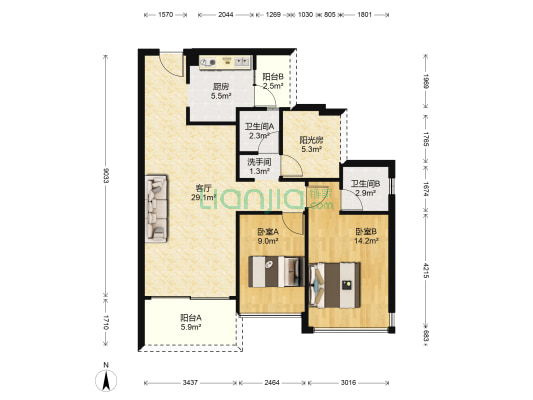 花曼丽舍 2室1厅3卫 99平方