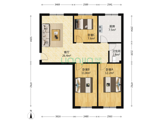 江畔名苑 3室1厅1卫 87平方
