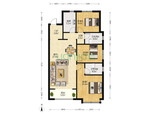 美的悦江府 3室1厅2卫 125平方
