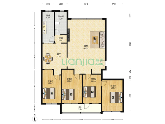 凯远大厦宿舍 4室2厅1卫 164平方