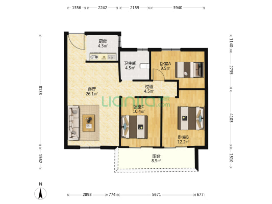 霞庭湾 3室1厅1卫 100平方
