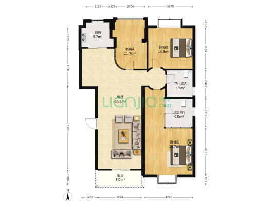 江大園 3室1厅2卫 141平方