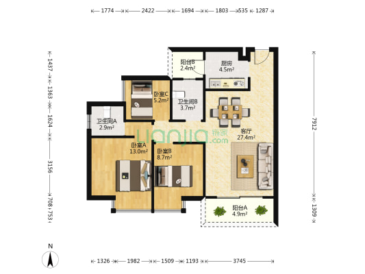 荣佳国韵一期 3室1厅2卫 92平方