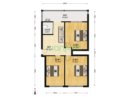 砂轮小区 3室1厅1卫 97平方