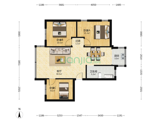 翠都花园 3室1厅1卫 90平方