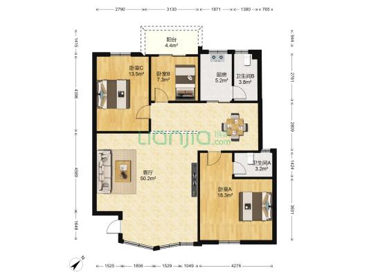 江湾西一苑 3室1厅2卫 121平方