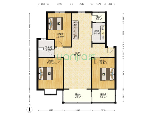 东兴花园 3室1厅1卫 113平方