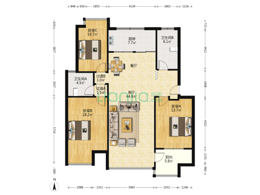 知稼苑 3室1厅2卫 130平方