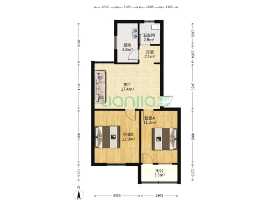 茶城花园 2室1厅1卫 69平方