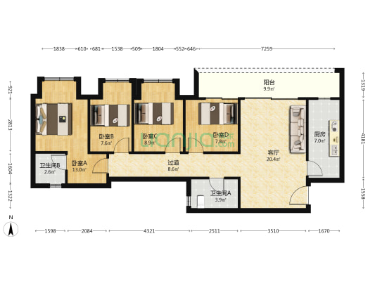 中国铁建云锦山 4室1厅2卫 99平方