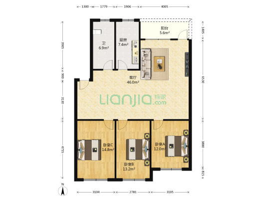 中华楼 3室1厅1卫 137平方