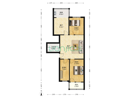 定庄小区 3室2厅1卫 87平方