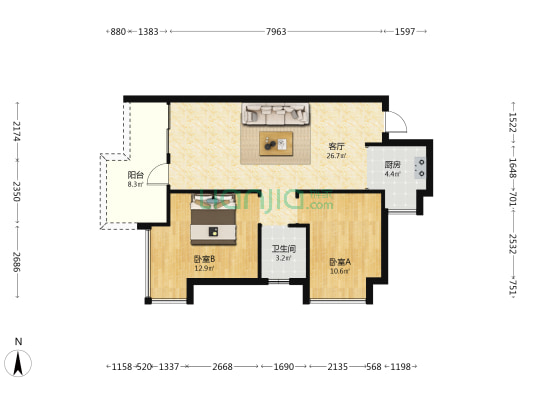 瀚柏·青柠时代 2室1厅1卫 77平方