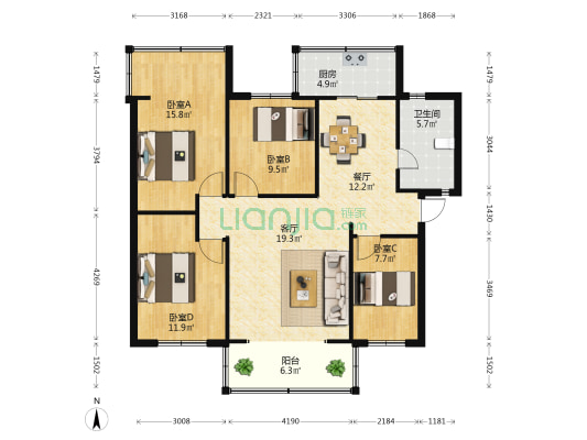 昆明市测绘研究院职工住宅区 4室2厅1卫 104平方