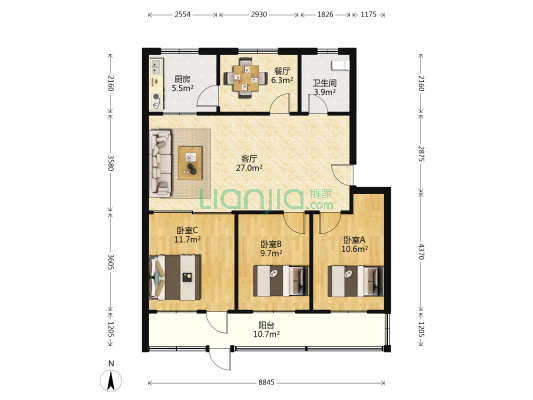 规划局宿舍 3室2厅1卫 95平方