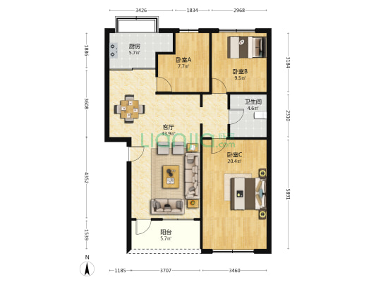 祺龙怡苑小区 3室1厅1卫 91平方