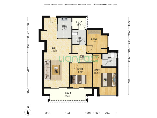 万科星光都会 3室1厅2卫 92平方