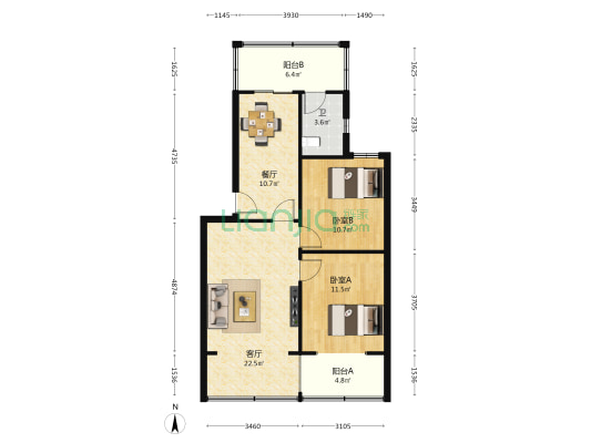 地矿局宿舍 2室2厅1卫 76平方