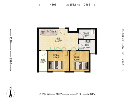 润竹嘉园 2室1厅1卫 65平方