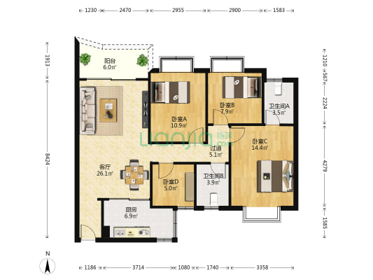 学府花园 4室1厅2卫 106平方