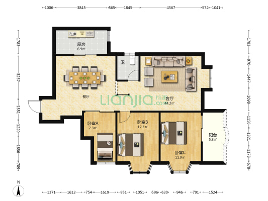 高级人民法院干警住宅楼 3室1厅1卫 118平方