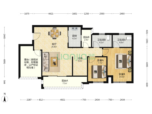 融创融耀城 2室1厅2卫 119平方