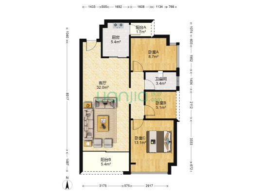 御江1号 3室1厅1卫 92平方