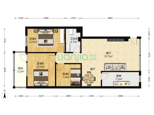 市政府宿舍 3室1厅1卫 83平方