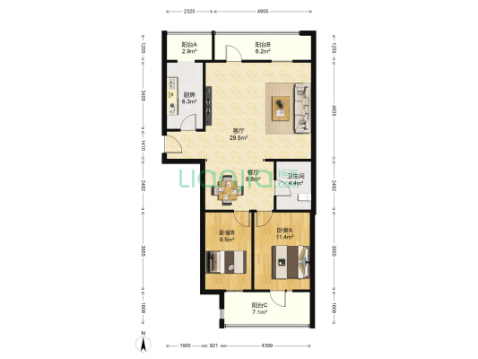 紫薇田园都市J区 2室2厅1卫 97平方